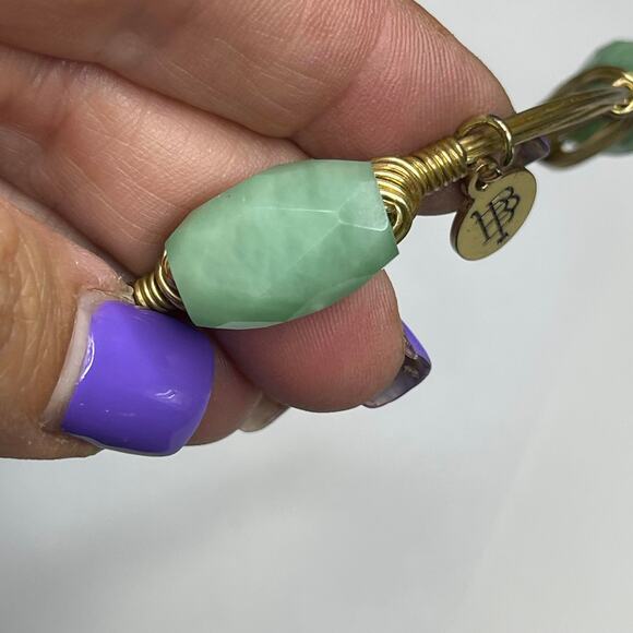 BOURBON & BOWETIES gold tone bracelet bangle mint green cut stone signed jewelry - Picture 4 of 7